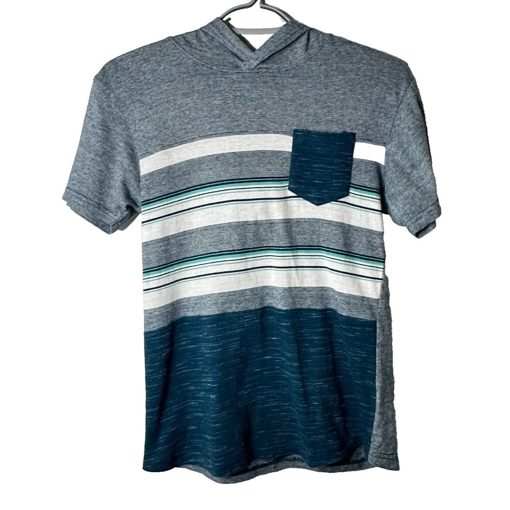 Distortion Hoodie Shirt Boys Sz 10/12 Striped Colorblock Chest Pocket